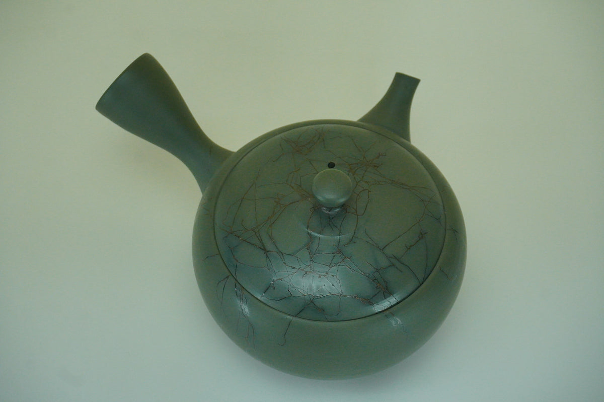 常滑焼 初代友仙作 白泥緋襷藻掛け小丸急須 白泥